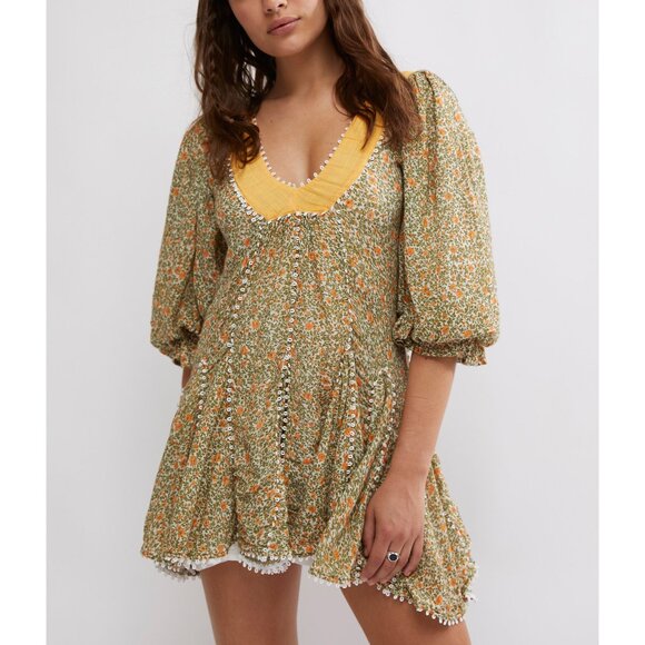 Free People Floral Mini Dress - Olive and Mustard - Picture 1 of 10
